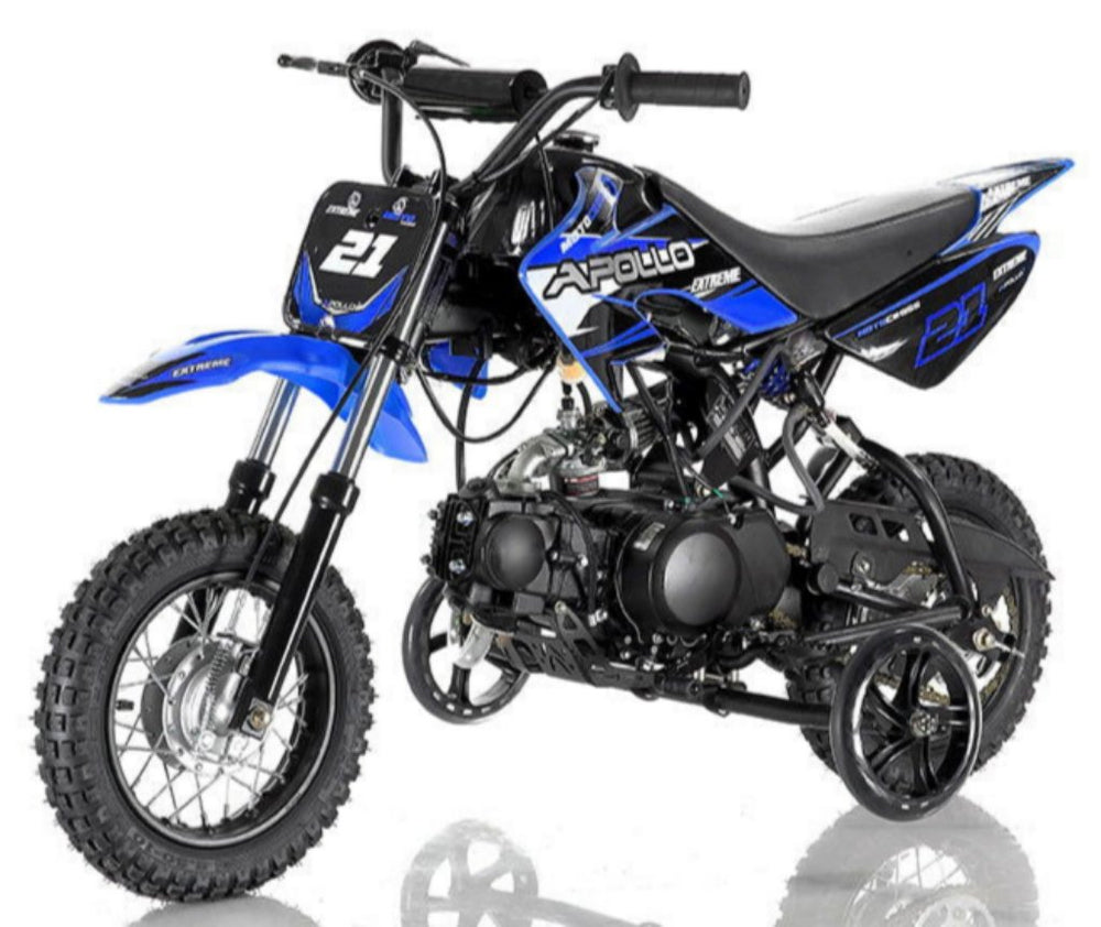 Apollo DB21 70cc Kids Dirt Bike, Semi-Auto, 10/10 inch Wheels, Training Wheels Included, Ages 6 and up
