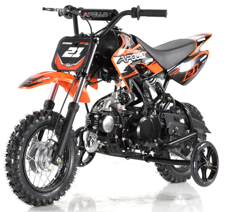 Apollo DB25 70cc Kids Dirt Bike, Automatic, Electric Start, 10/10 inch Wheels, Training Wheels Included, Ages 6 and up