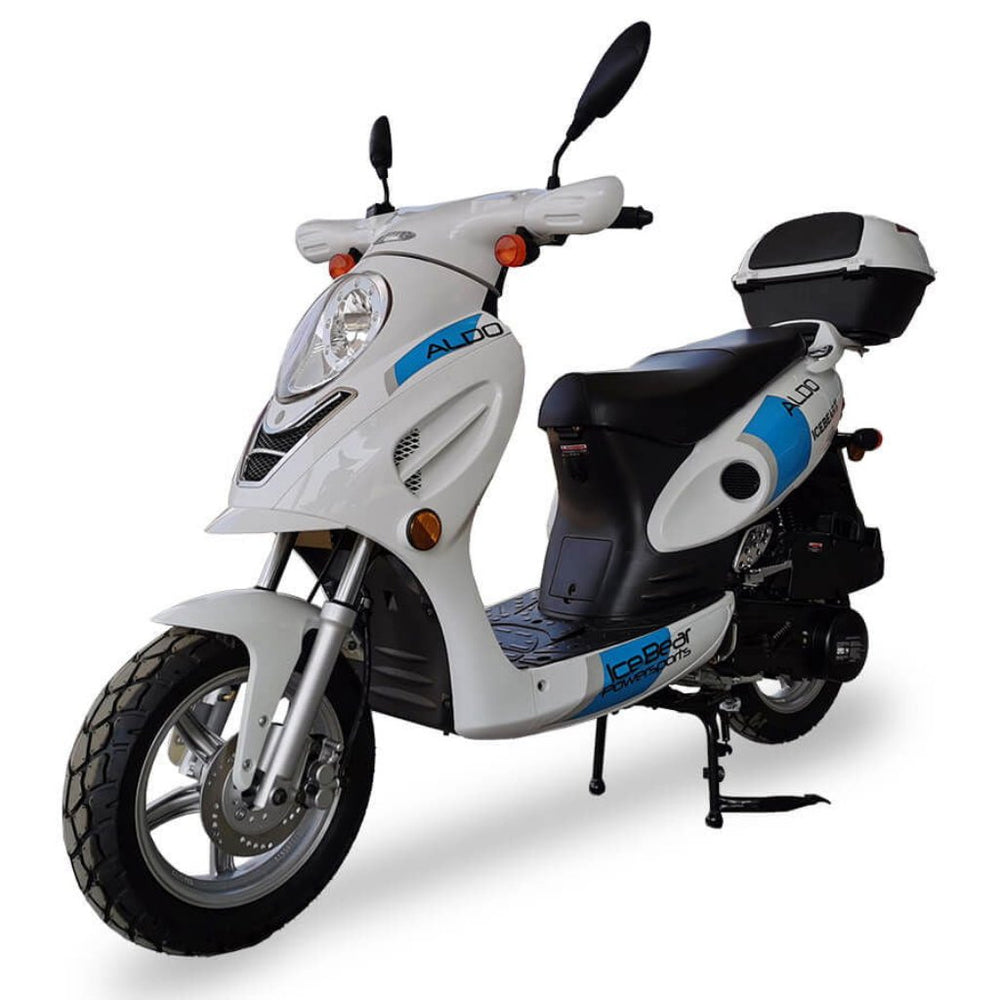 Aldo 150cc Street Scooter, Automatic, Front Disc Brake, 12 inch Aluminum Wheels, LED Headlight, Trunk Included