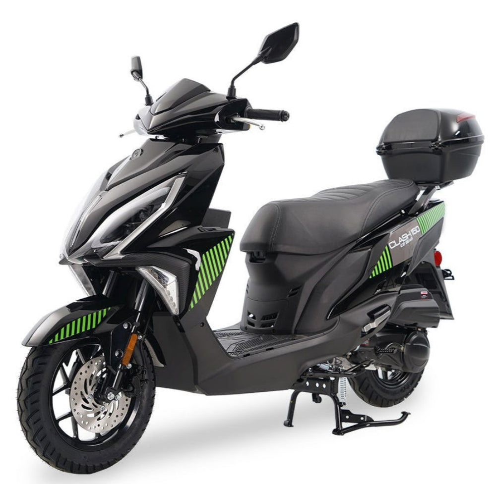 Clash 150cc Street Scooter, Automatic Shifting, Front Disc/Rear Drum Brakes, LED Accent Lighting